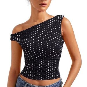 Suuksees One-Shoulder Double Lines Y2K Black Polka Dot Going Out Top